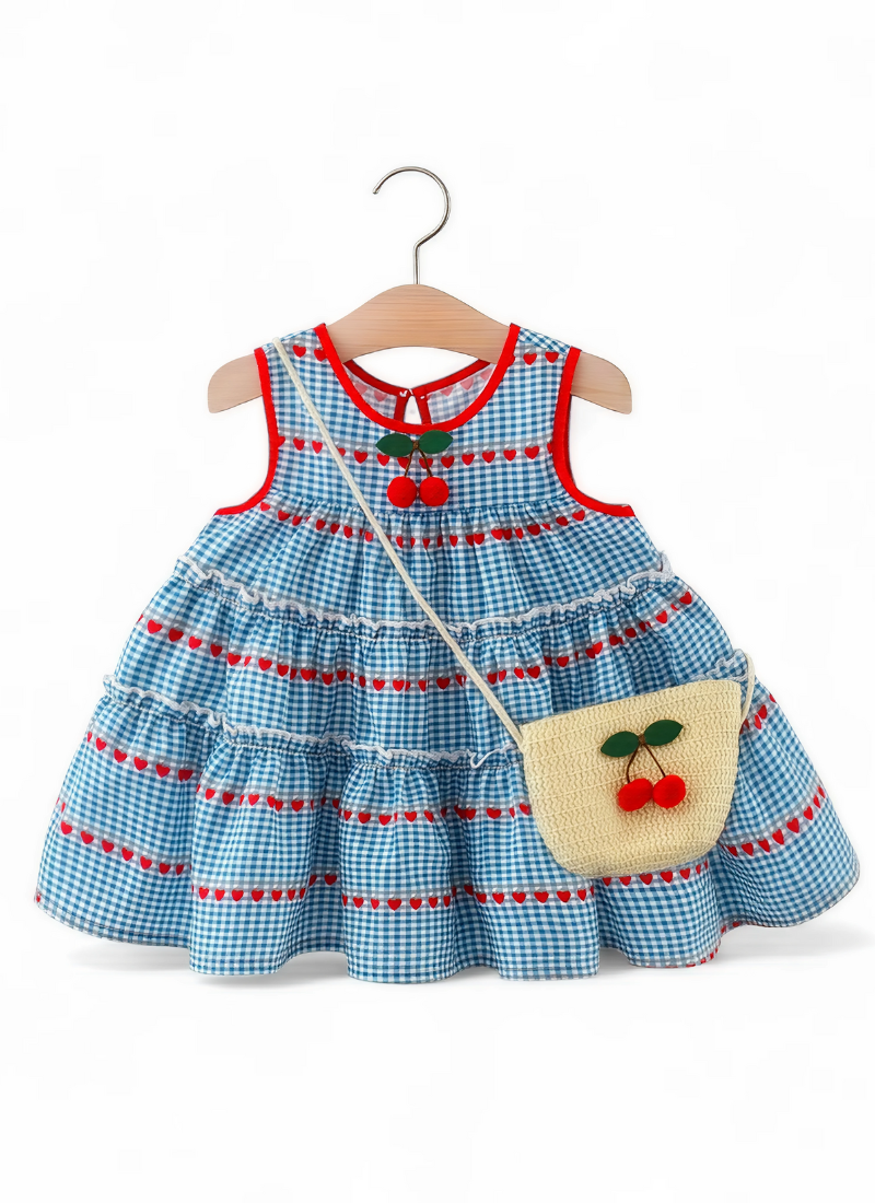 Cherry Heart Plaid Dress & Bag Set