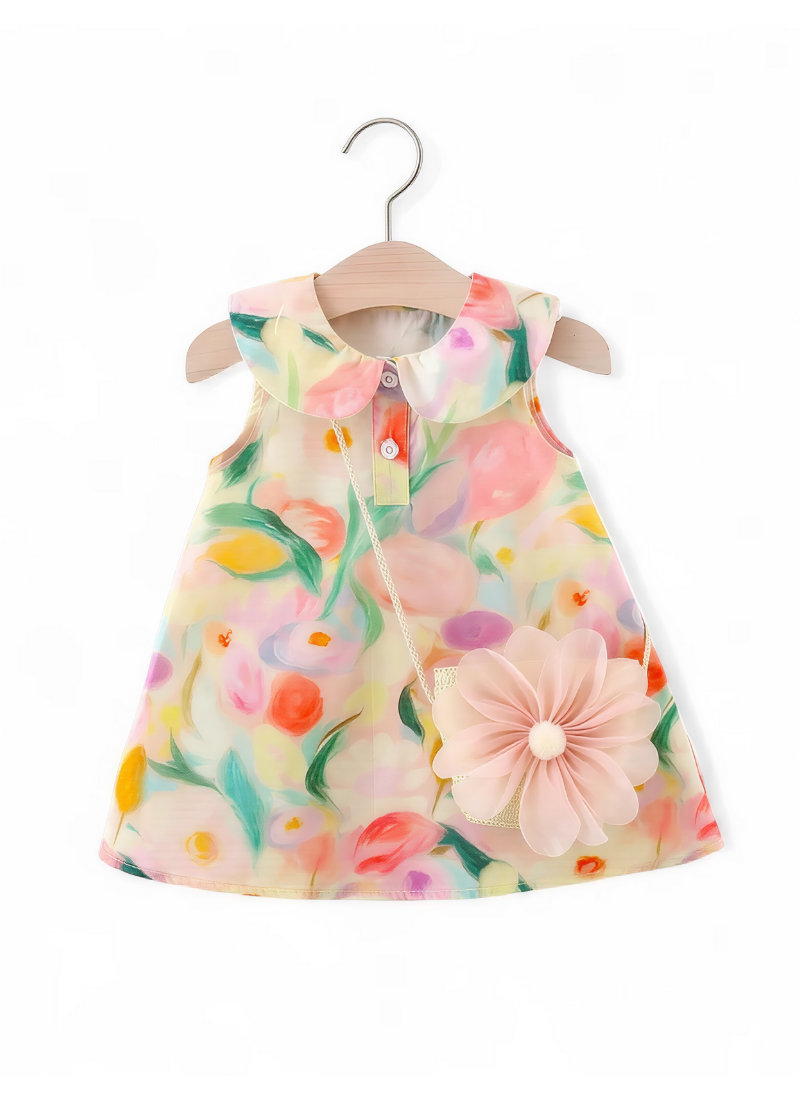 Baby Girl Flower Collar Dress Set with Bag (2PCS)