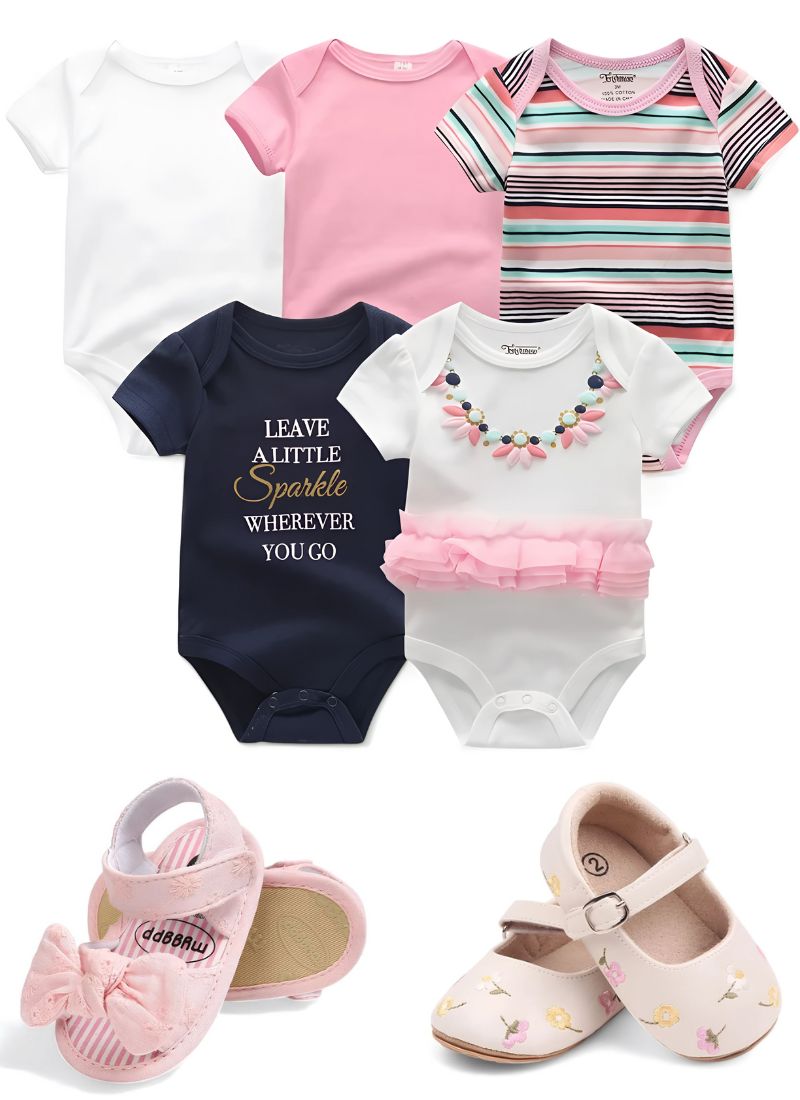 Kit Newborn Baby Essentials – 7PCS Bodysuits & First Walker Sandals
