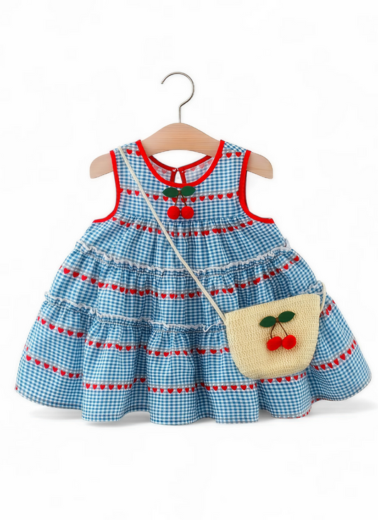 Cherry Heart Plaid Dress & Bag Set