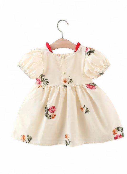 Baby Girl Embroidered Cotton Dress with Bubble Sleeves