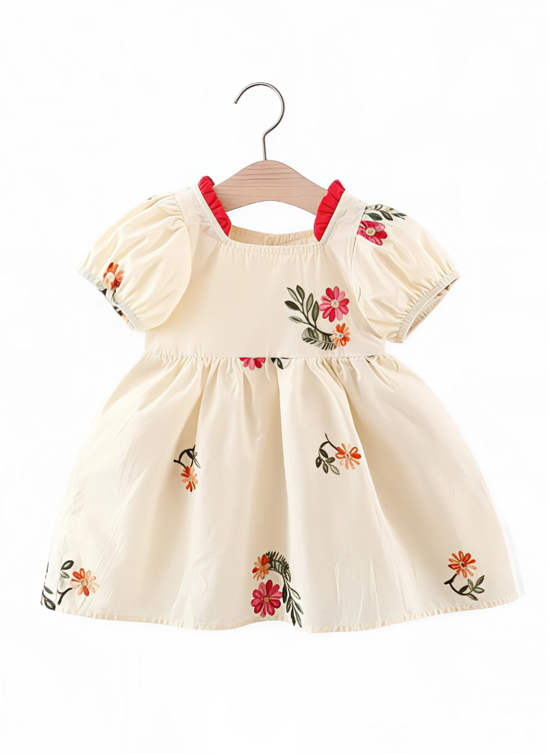 Baby Girl Embroidered Cotton Dress with Bubble Sleeves