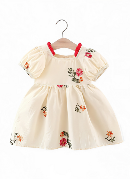 Baby Girl Embroidered Cotton Dress with Bubble Sleeves
